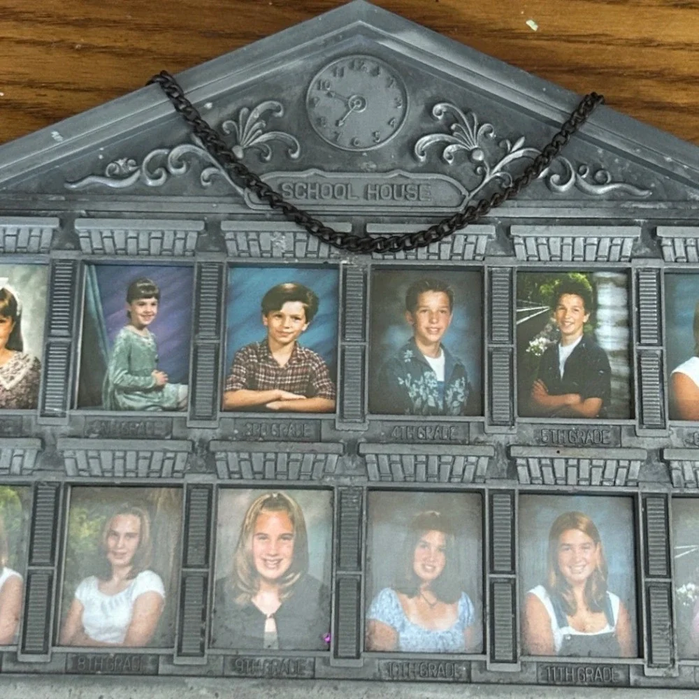 School House Vintage Picture Frame Silver Pewter Tone School Years Good